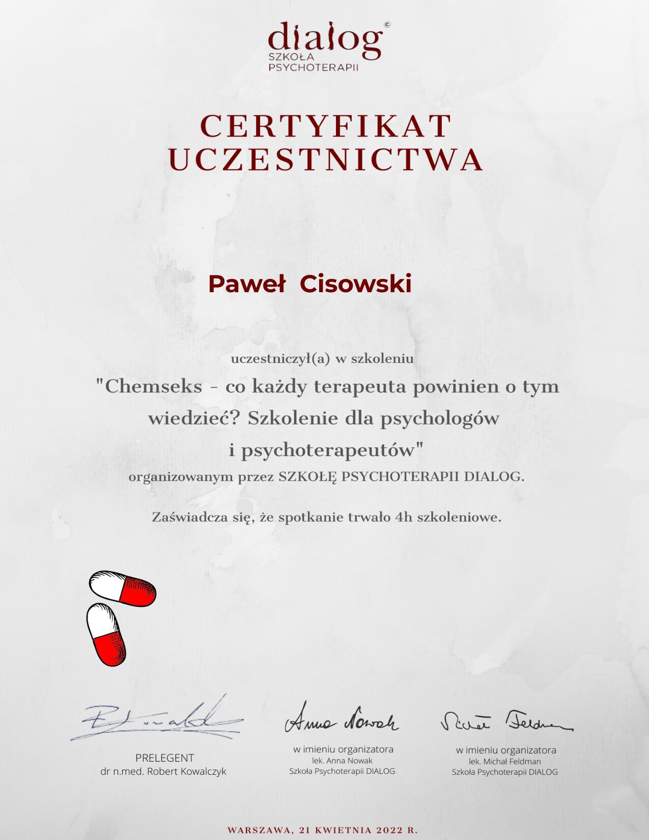 Certyfikat _Chemseks - co każdy terapeuta powinien o tym wiedzieć__