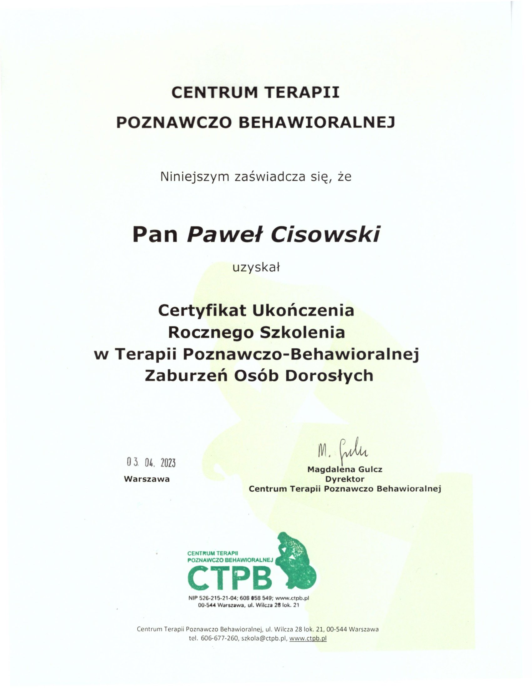 Cisowski Paweł - certyfikat CTPB-1