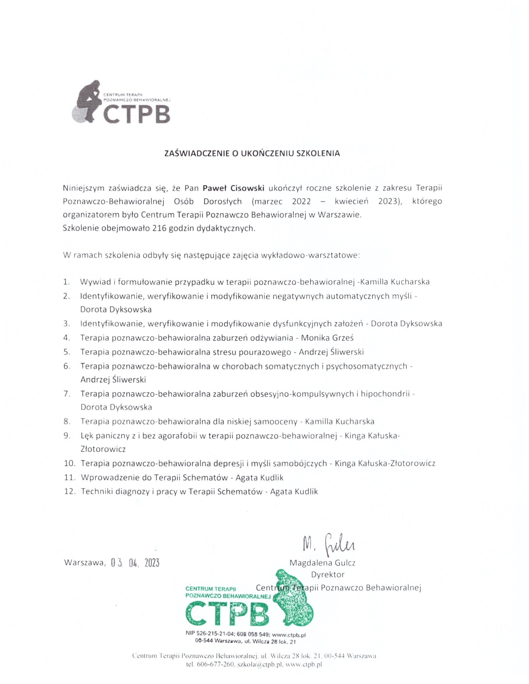 Cisowski Paweł - certyfikat CTPB-2