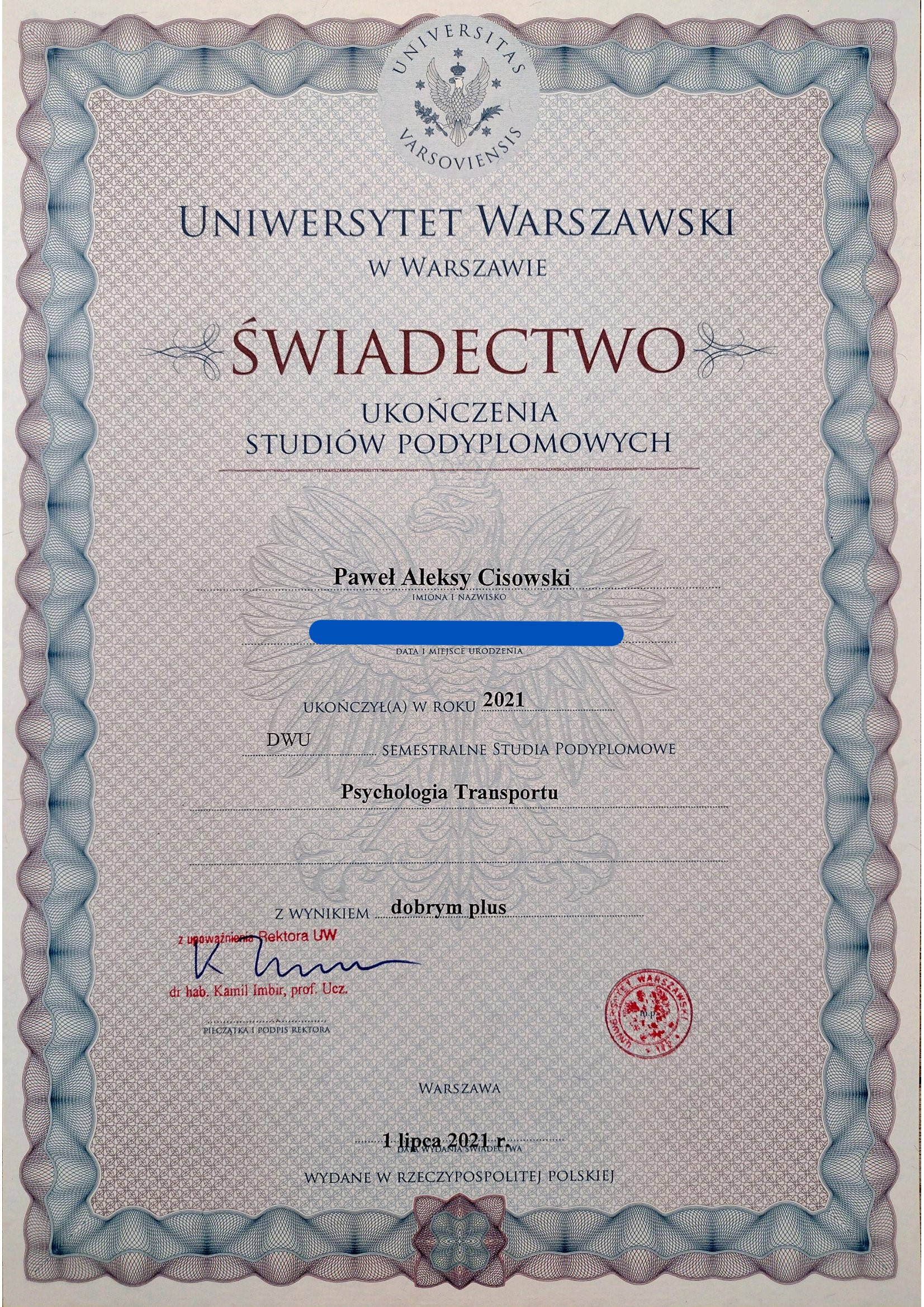 Świadectwo Psychologia Transportu Paweł Cisowski-1